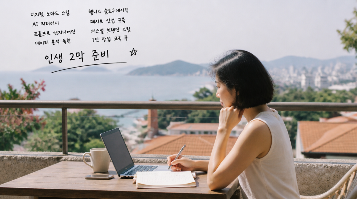 2026년 공부 추천, 인생 2막 준비, 디지털 노마드 스킬, AI 리터러시, 프롬프트 엔지니어링, 데이터 분석 독학, 웰니스 슬로우에이징, 패시브 인컴 구축, 퍼스널 브랜딩 스킬, 1인 창업 교육